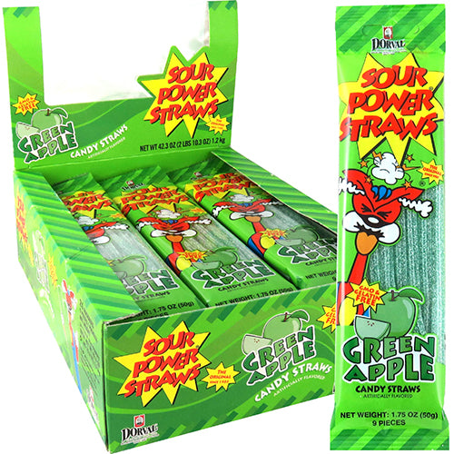 SOUR POWER CANDY STRAWS 1.75oz GREEN APPLE (ITEM NUMBER: 84013)