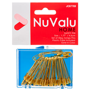 NUVALU SAFETY PINS 1.77" 50CT GOLD COLOR W/PLASTIC BOX & HEAD CARD (ITEM NUMBER: 14080)